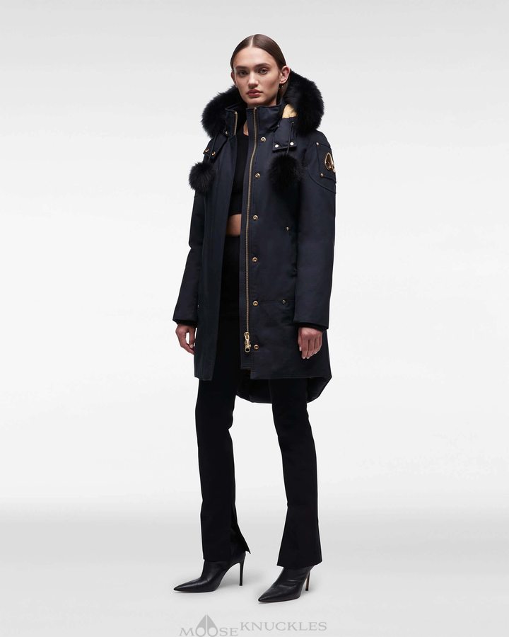 Parkas Moose Knuckles Gold Stirling Parka Fur Femme Bleu Marine Noir | BRXGS-6547