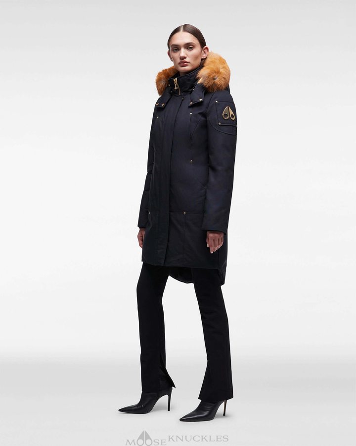 Parkas Moose Knuckles Gold Stirling Parka Fur Femme Bleu Marine Doré | NGILW-9021