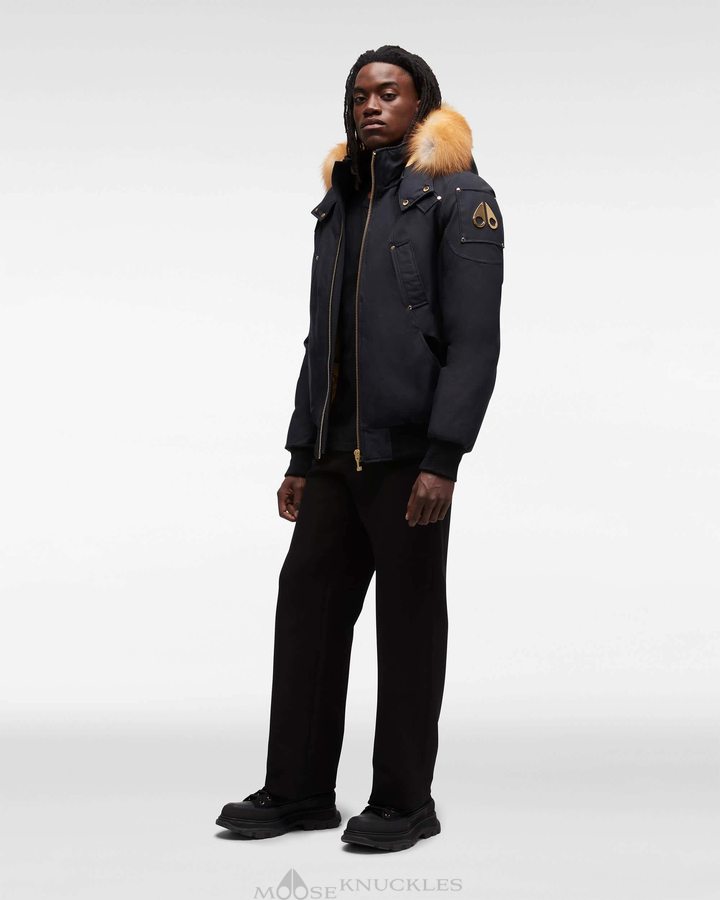 Veste Bombers Moose Knuckles Gold Ballistic Bomber Fur Homme Bleu Marine Doré | SRHZD-8436