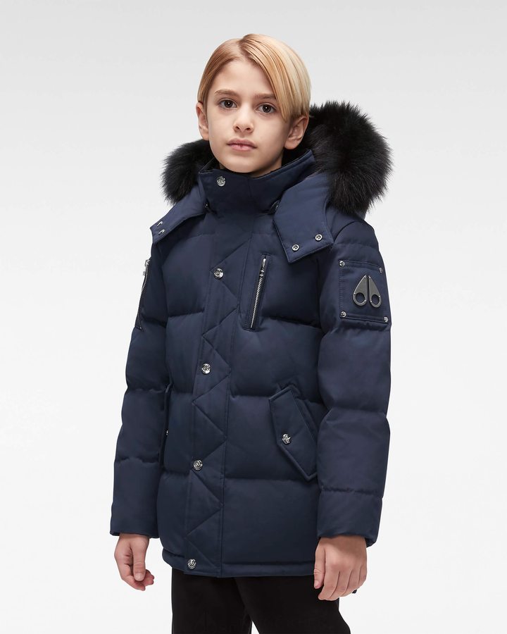 Vestes Moose Knuckles Original 3q Fur Enfant Bleu Marine Noir | EZNPH-5723